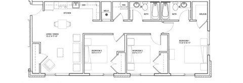 Floor plan for 3 beds, 2 baths, 1330 sqft